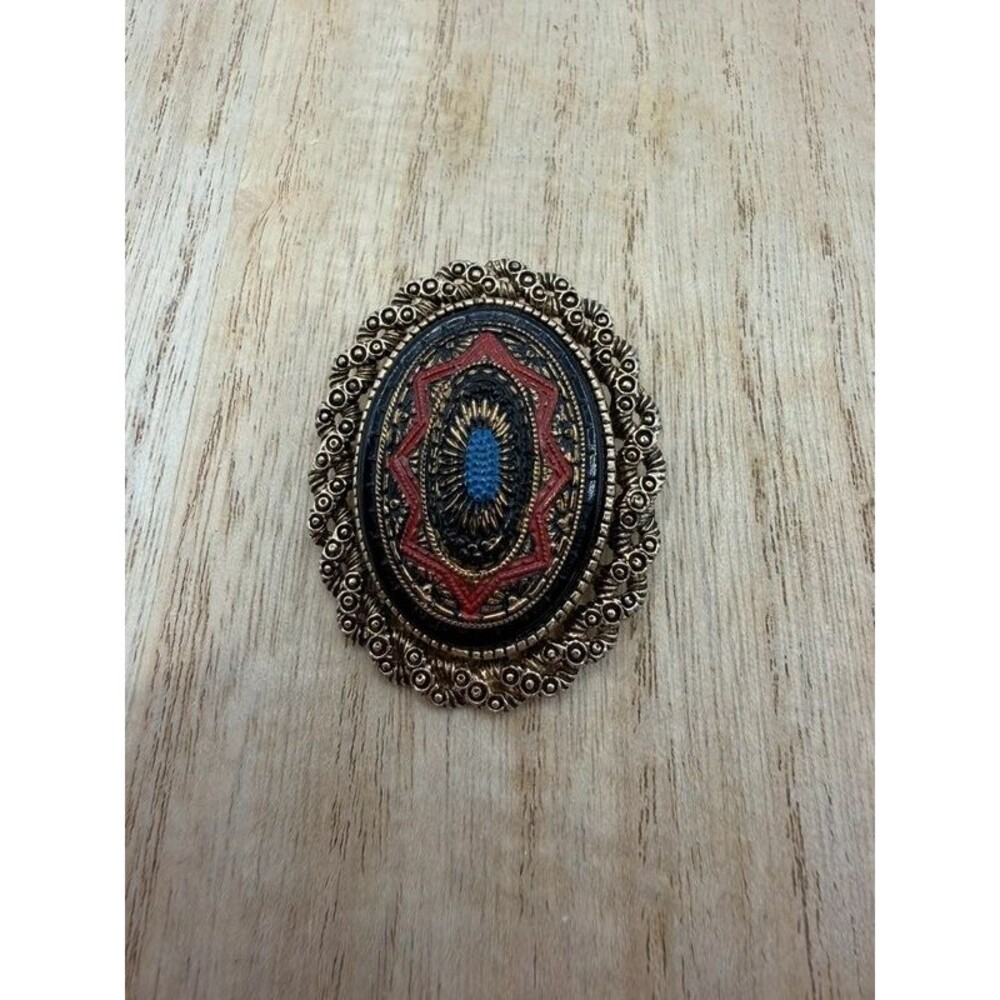 Vintage Boho Sarah Coventry Brooch Gold Toned Painted Black Red Blue Braided